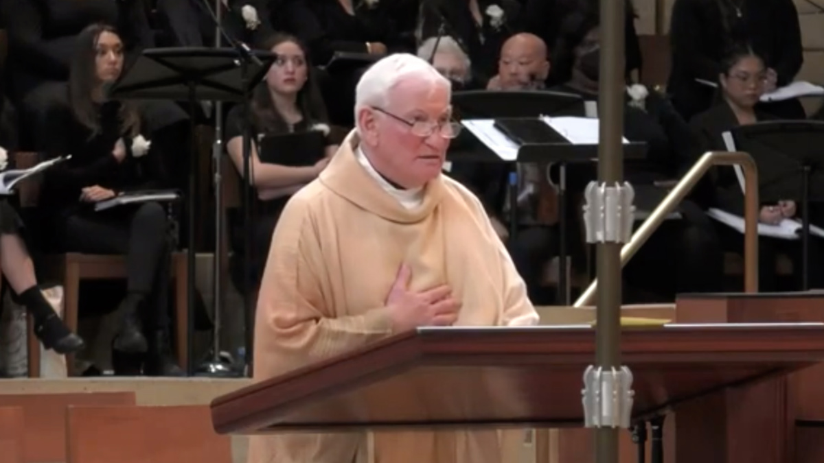 Monsignor Jarlath Cunnane speaks during the funeral Mass for Bishop David O'Connell on Friday, March 3, 2023, in Los Angeles. 