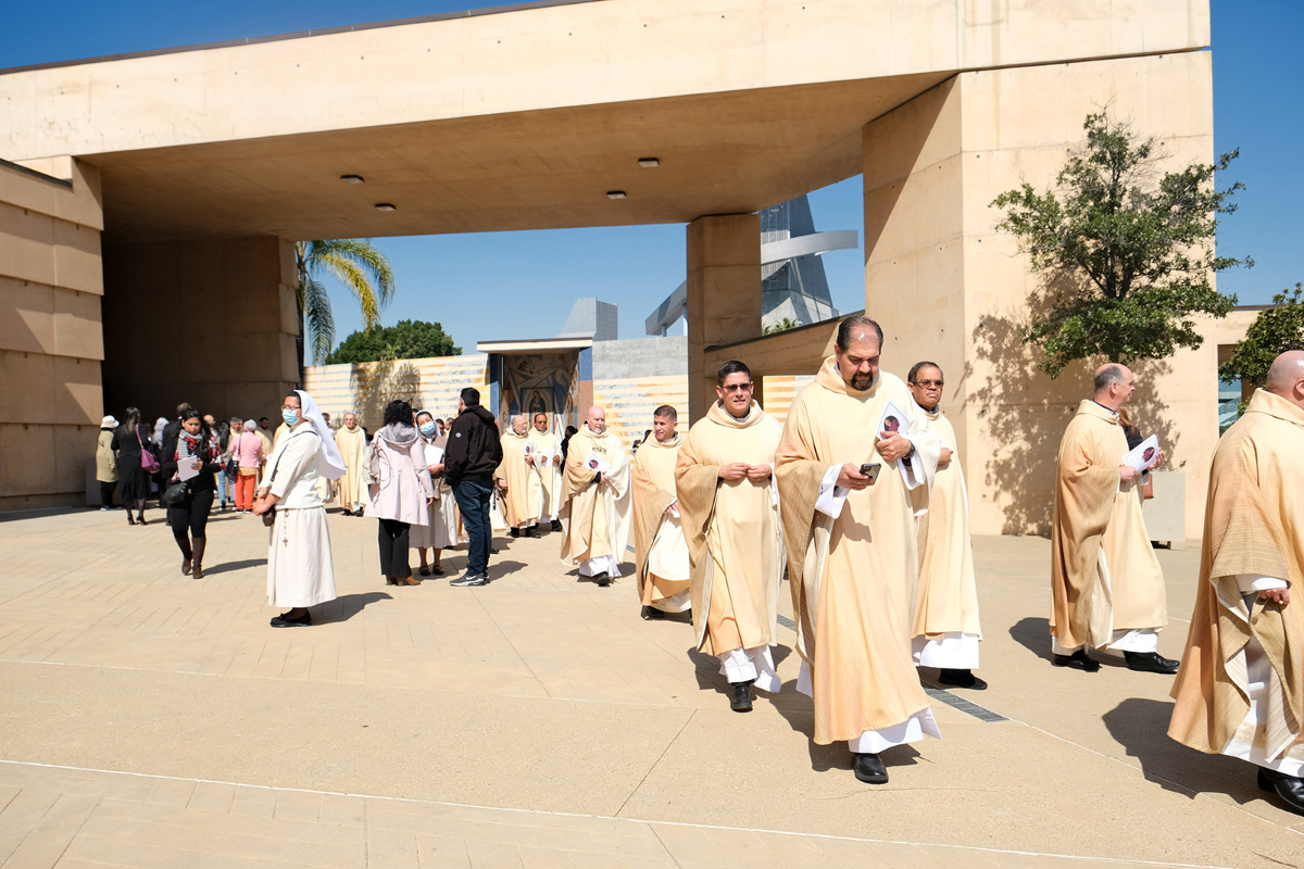 Clergy exit the Cathedral of Our Lady of the Angel after the funeral Mass for Bishop David O'Connell on Friday, March 3, 2023, in Los Angeles. 