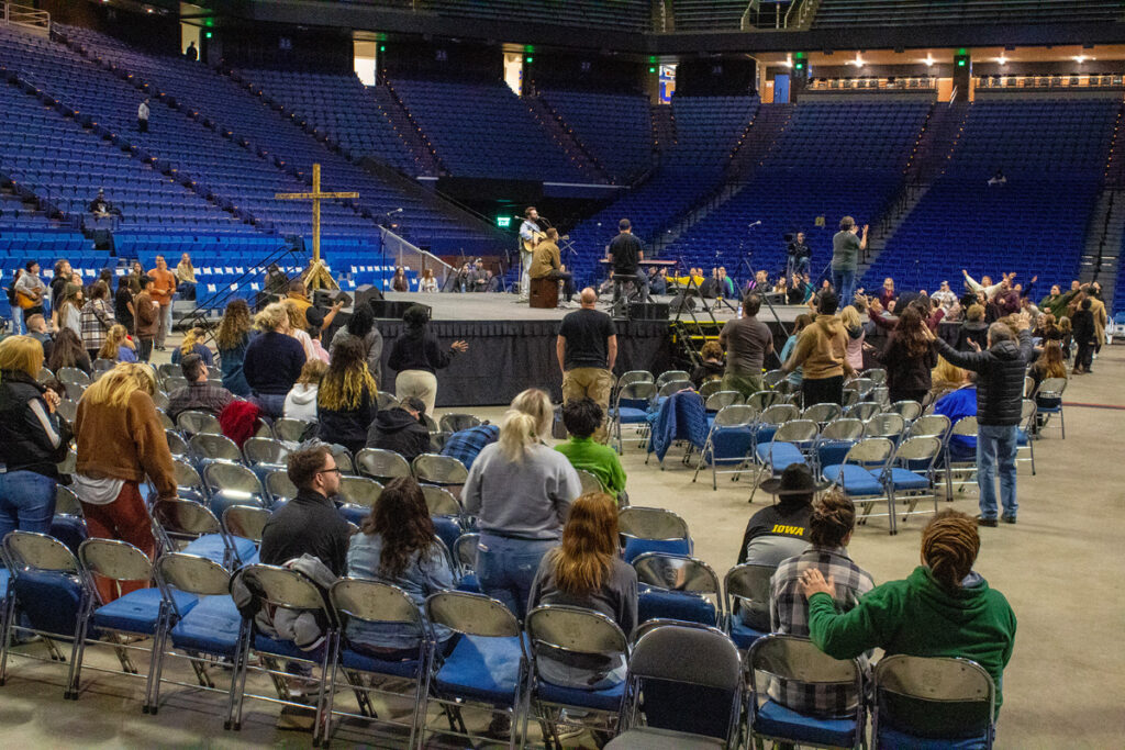 People attend a revival event led by evangelist Nick Hall at Rupp Arena in Lexington, Kentucky, Sunday, Feb. 26, 2023. Photo by Fiona Morgan