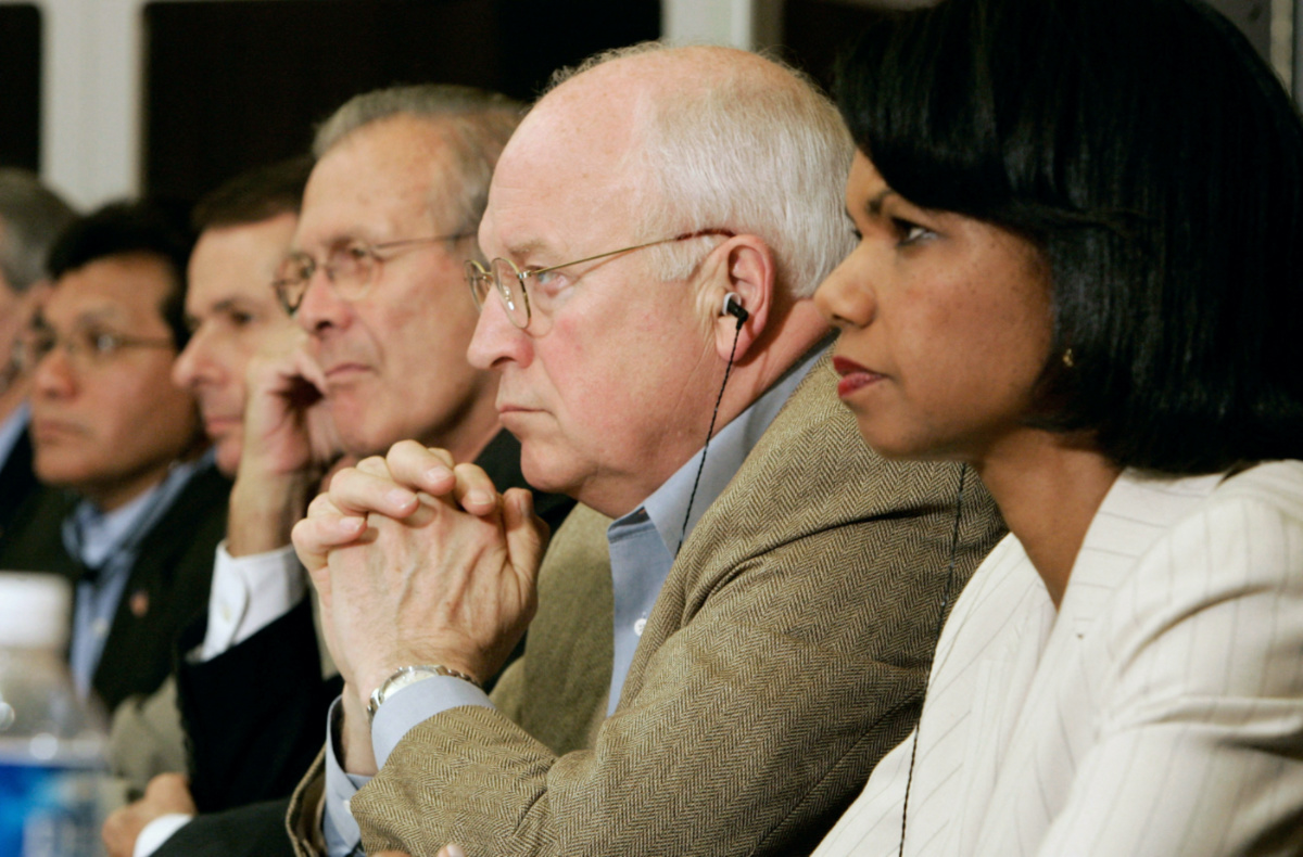 FILE PHOTO: U.S. Secretary of State Condoleezza Rice (R), Vice President Dick Cheney (2nd R), Defense Secretary Donald Rumsfeld (3rd R), Chairman of the Joint Chiefs of Staff, General Peter Pace (4th R) and Attorney-General Alberto Gonzales participate in a live video conference with U.S. President George W. Bush in Baghdad, from Camp David in Maryland, June 13, 2006. Bush made his second visit to Baghdad since the 2003 invasion on Tuesday, days after U.S. forces killed al Qaeda's chief in Iraq. Bush appeared live on a tv monitor speaking among members of Iraq's new cabinet. REUTERS/Jason Reed