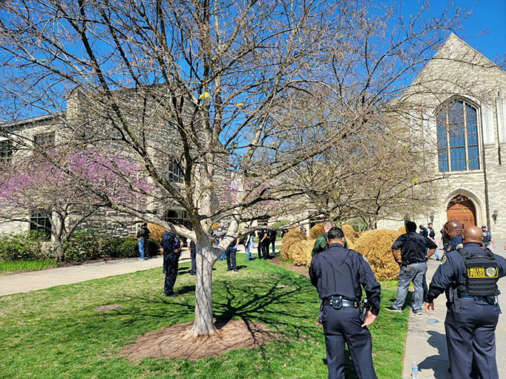 Police officers arrive at the Covenant School, Covenant Presbyterian Church, after reports of a shooting in Nashville, Tennessee, US, on 27th March, 2023.