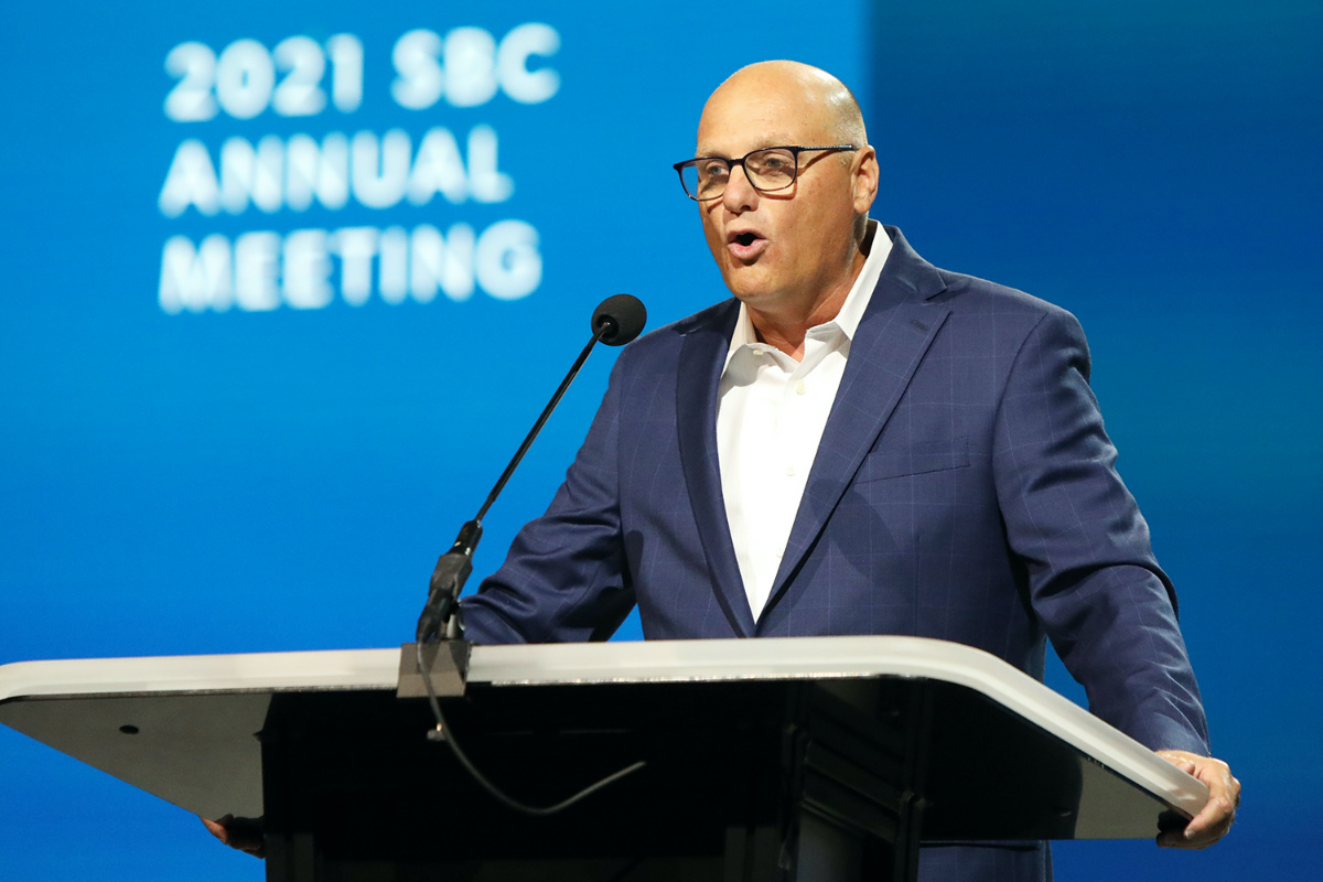 Willy Rice, senior pastor of Calvary Church in Clearwater, Florida, delivers the Convention Sermon, Wednesday, June 16, 2021, during the Southern Baptist Convention annual meeting in Nashville. RNS photo by Kit Doyle