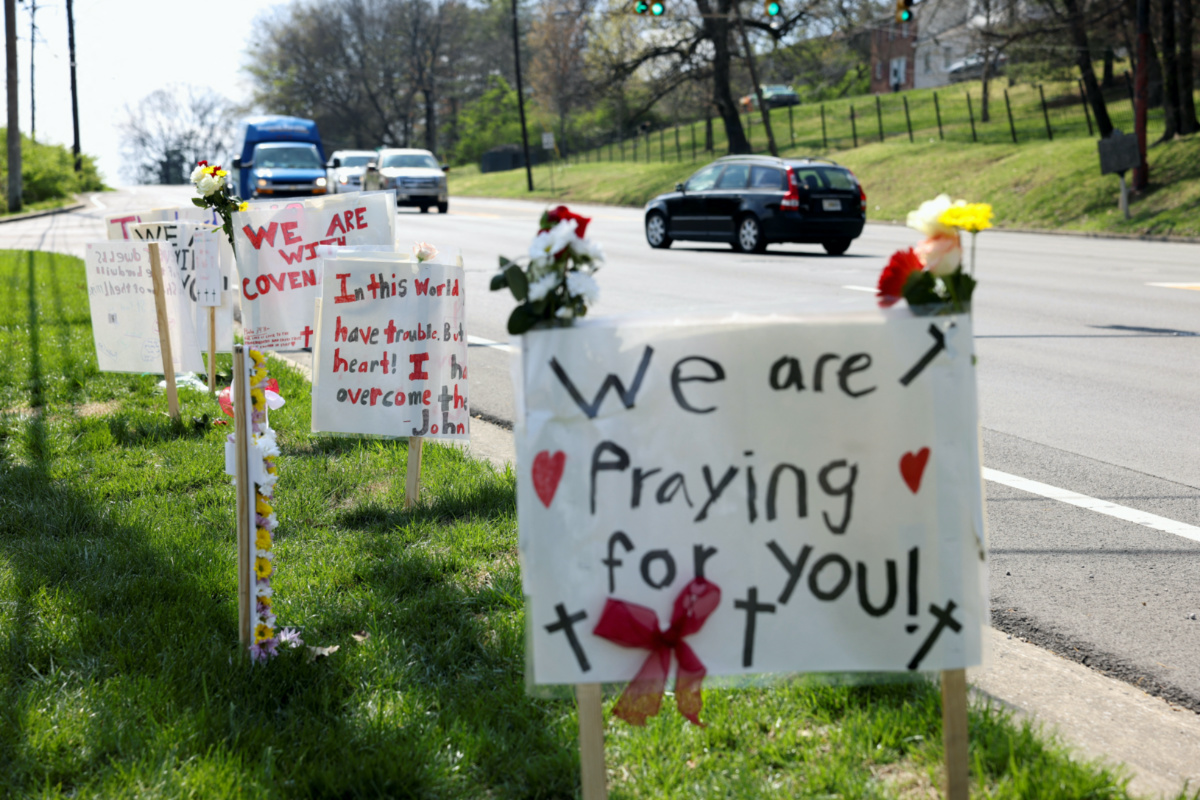View of signs placed by children from St Paul Christian Academy along the street in remembrance after a deadly shooting at the Covenant School in Nashville, Tennessee, US, on 28th March, 2023.