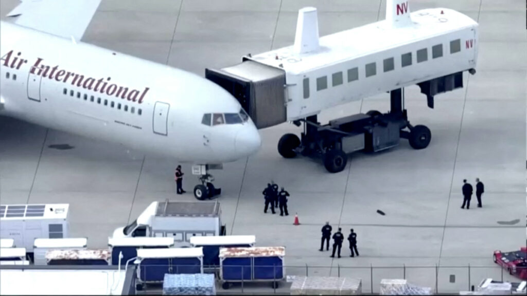 An aircraft carrying some of the more than 200 political prisoners released from Nicaragua and flown to the United States, sits at a gate at Dulles International Airport in Virginia outside Washington, US, in this still image taken from video on 9th February, 2023.