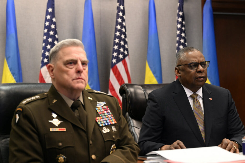 US Chairman of the Joint Chiefs of Staff General Mark Milley and US Defense Secretary Lloyd Austin attend a virtual meeting of Ukraine Defense Contact Group, at the Pentagon in Washington, U.S. March 15, 2023.