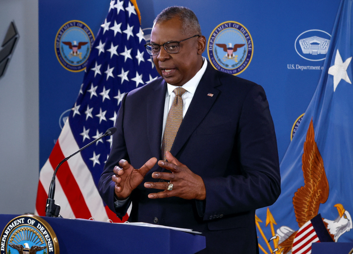 U.S. Defense Secretary Lloyd Austin speaks at a news conference following a virtual Ukraine Defense Contact Group meeting, at the Pentagon in Washington, U.S., March 15, 2023. REUTERS/Evelyn Hockstein