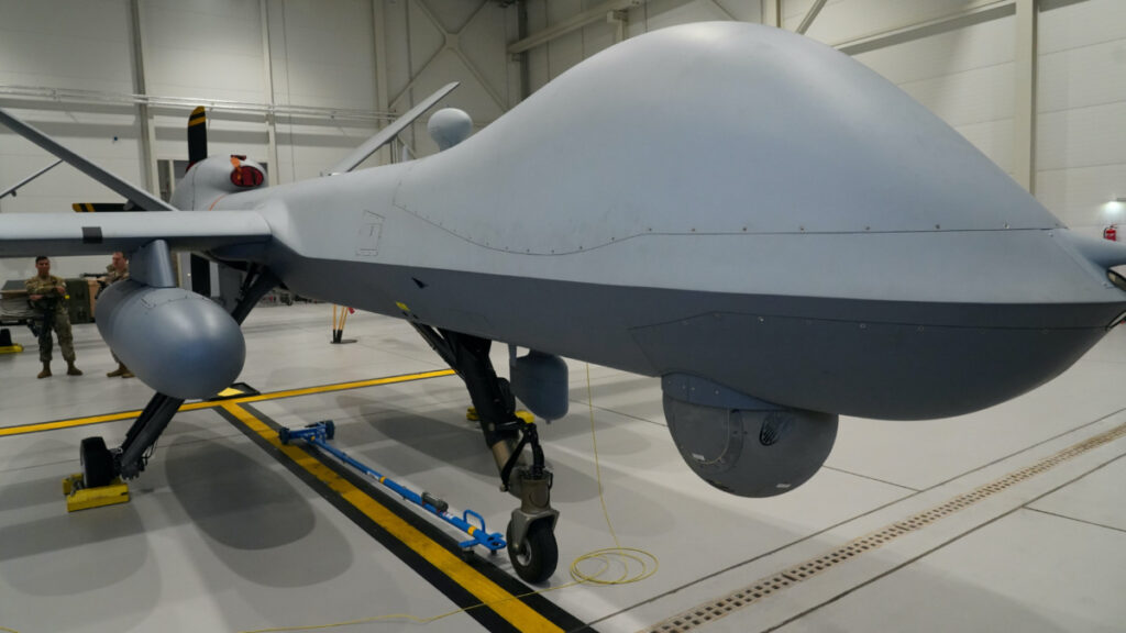 FILE PHOTO: A U.S. Air Force MQ-9 Reaper drone sits in a hanger at Amari Air Base, Estonia, July 1, 2020. REUTERS/Janis Laizans/File Photo