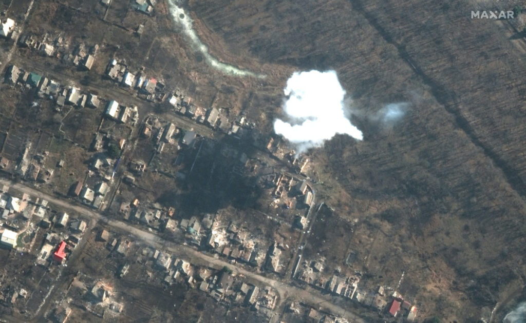 A satellite image shows smoke from recently dropped ordnance, amid Russia's attack on Ukraine, in southern Bakhmut, Ukraine, March 6, 2023. Maxar Technology/Handout via REUTERS