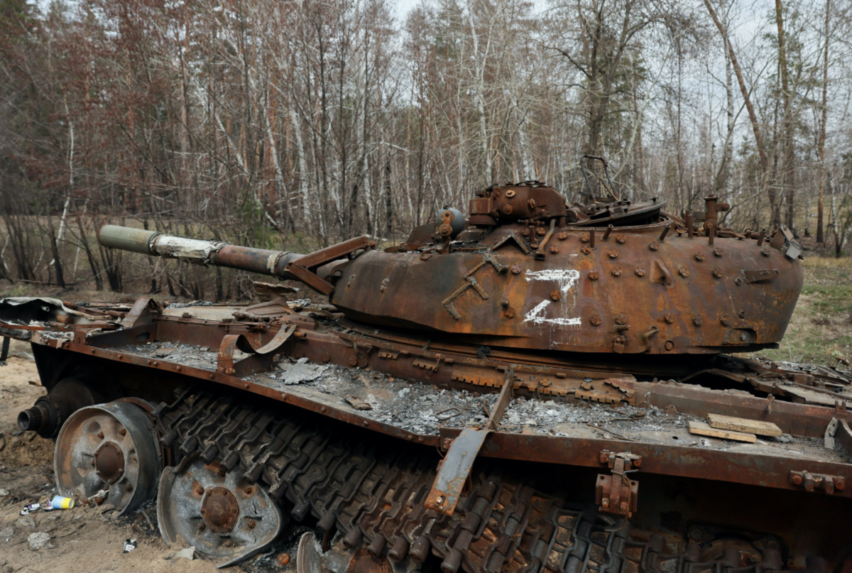 A destroyed Russian tank remains on the side of the road near the frontline town of Kreminna, amid Russia's attack on Ukraine, in Luhansk region, Ukraine on 24th March, 2023. 