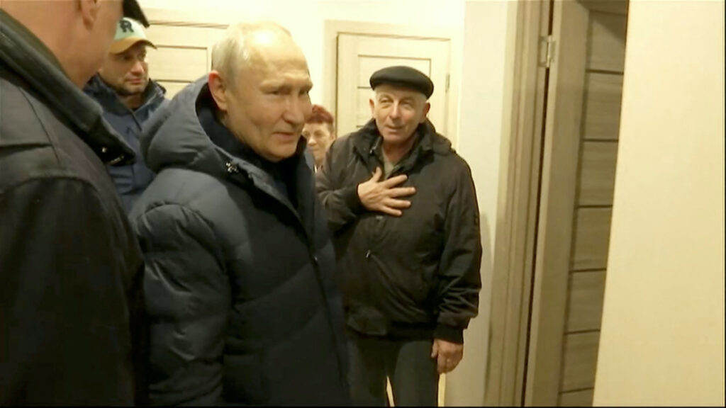 Russian President Vladimir Putin visits Mariupol, Russian-controlled Ukraine, in this still image taken from handout video released on 19th March, 2023.
