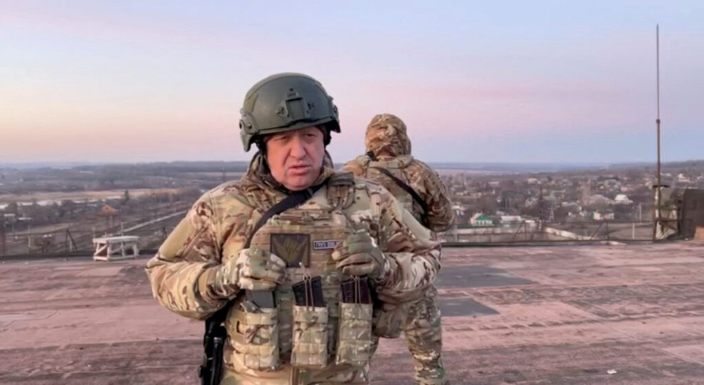 Yevgeny Prigozhin, founder of Russia's Wagner mercenary force, speaks in Paraskoviivka, Ukraine in this still image from an undated video released on March 3, 2023. Concord Press Service/via REUTERS