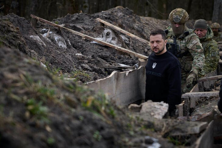 Ukraine's President Volodymyr Zelenskiy visits positions of Ukrainian Border Guards near the border with Russia, amid Russia's attack on Ukraine, in Sumy region, Ukraine, on 28th March, 2023.