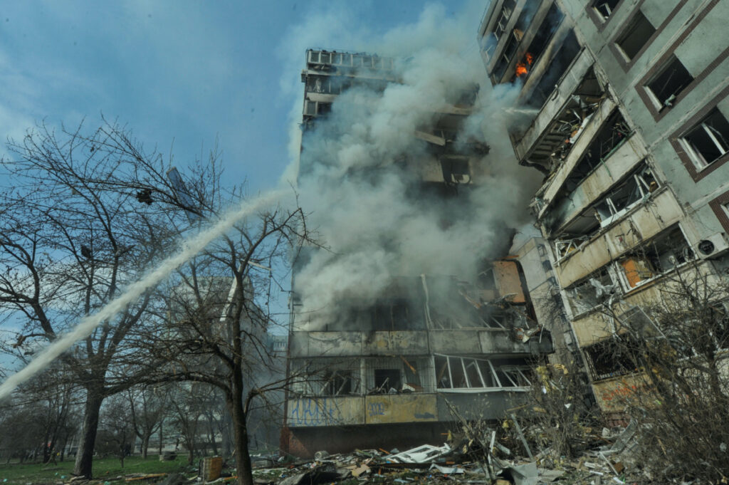 A view shows a residential building damaged by a Russian missile strike, amid Russia's attack on Ukraine, in Zaporizhzhia, Ukraine, on 22nd March, 2023.
