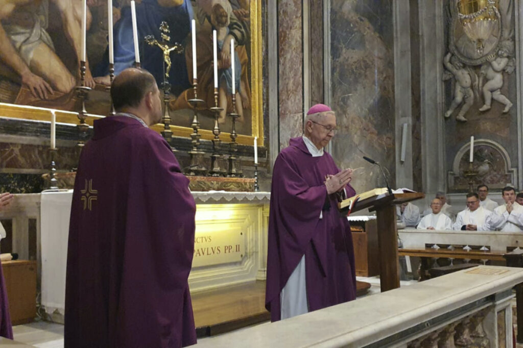 Archbishop Stanislaw Gadecki celebrates Mass at St. Peter's Basilica at the Vatican, Thursday, March 9, 2023.