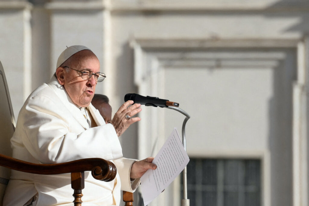 FILE PHOTO: Pope Francis speaks during a general audience at St Peter's Square, Vatican City, March, 29, 2023. Vatican Media/­Handout via REUTER