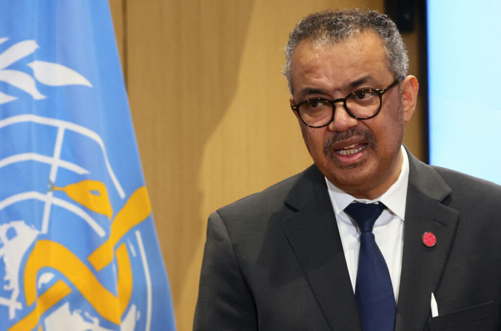 FILE PHOTO: Director-General of the World Health Organisation (WHO) Dr. Tedros Adhanom Ghebreyesus gives a statement with German Health Minister Karl Lauterbach (not pictured) in Geneva, Switzerland, February 2, 2023. REUTERS/Denis Balibouse
