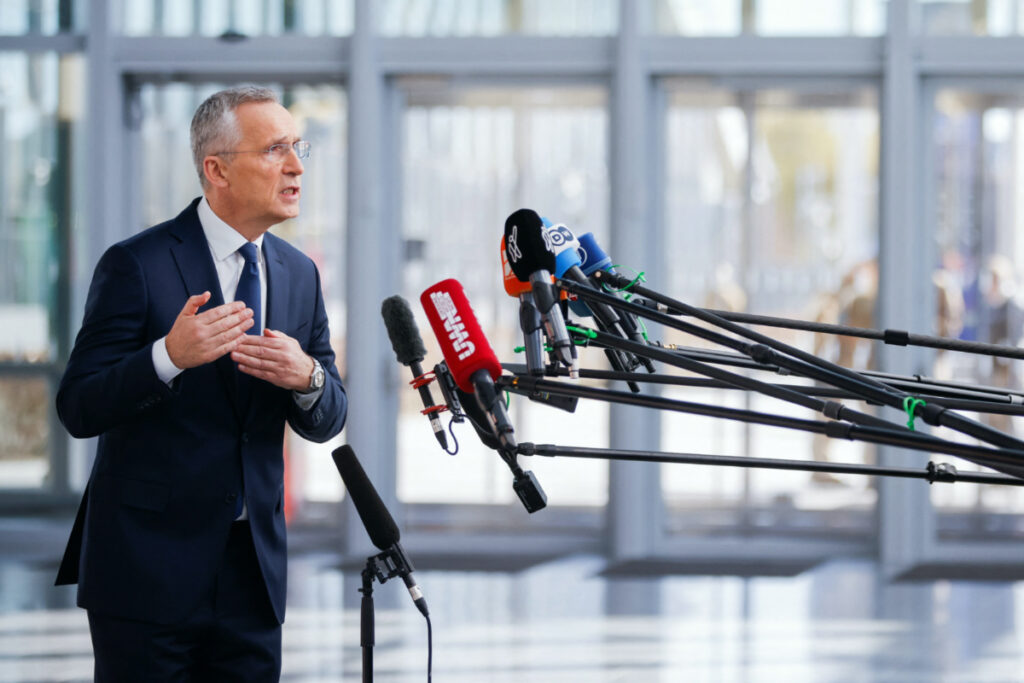 NATO Secretary-General Jens Stoltenberg delivers a statement during the NATO foreign ministers' meeting at the Alliance's headquarters in Brussels, Belgium, on 4th April, 2023.