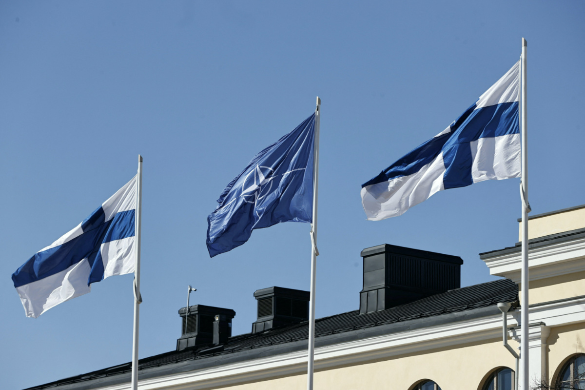 Finnish and Nato flags flutter at the courtyard of the Foreign Ministry, ahead of Finland's accession to NATO, in Helsinki, Finland, on 4th April, 2023. 