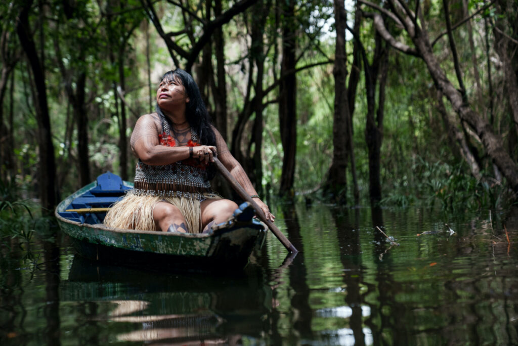 Alessandra Korap Munduruku, 2023 Goldman Environmental Prize winner for Brazil, paddles in a canoe in an undisclosed area in the Amazon, Brazil, on 15th January, 2023.