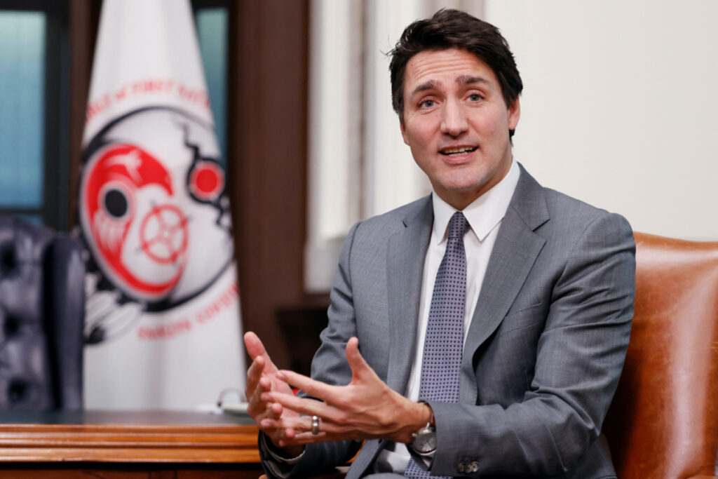 Canada's Prime Minister Justin Trudeau speaks while meeting with Assembly of First Nations National Chief Rose Anne Archibald on Parliament Hill in Ottawa, Ontario, Canada, on 29th November 2022.