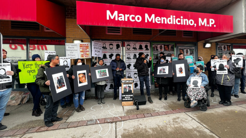 Protesters gather for Refugee Rights Day in front of Public Safety Minister Marco Mendicino's constituency in Toronto, Ontario, Canada, on 4th April, 2023.