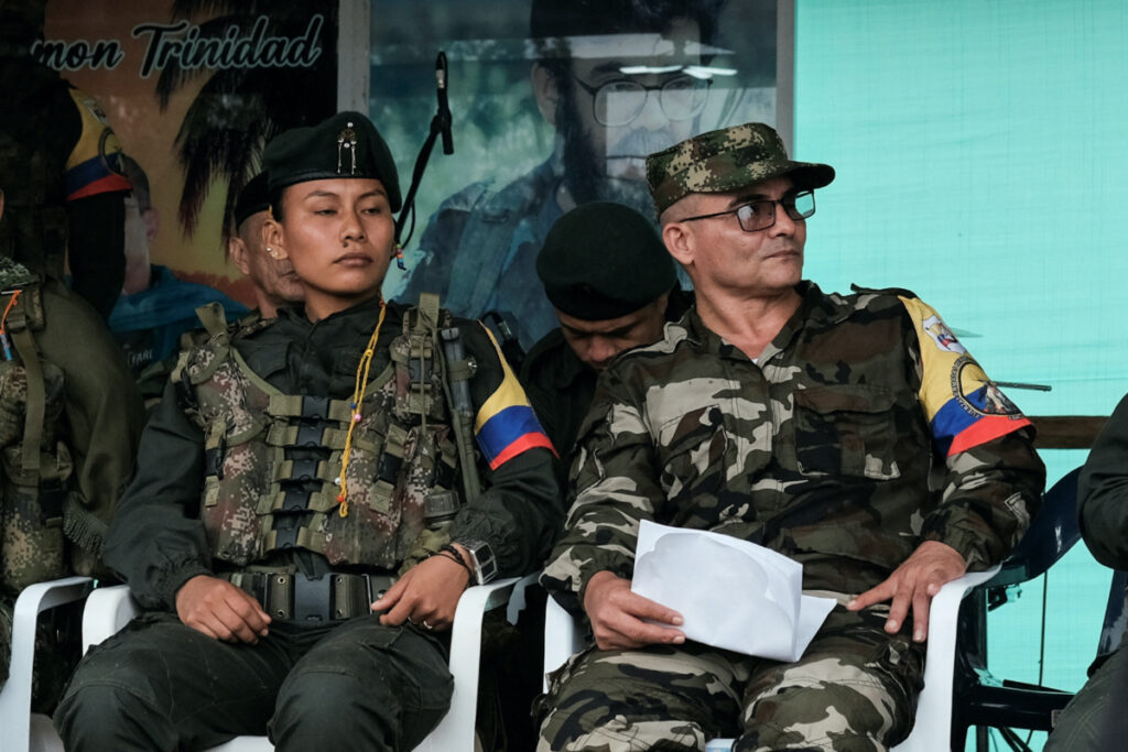 Nestor Gregorio Vera Fernandez, alias Ivan Mordisco, head of the Central General Staff of the FARC dissidents, attends a meeting with peasant communities in Yari, Colombia, on 16th April, 2023.