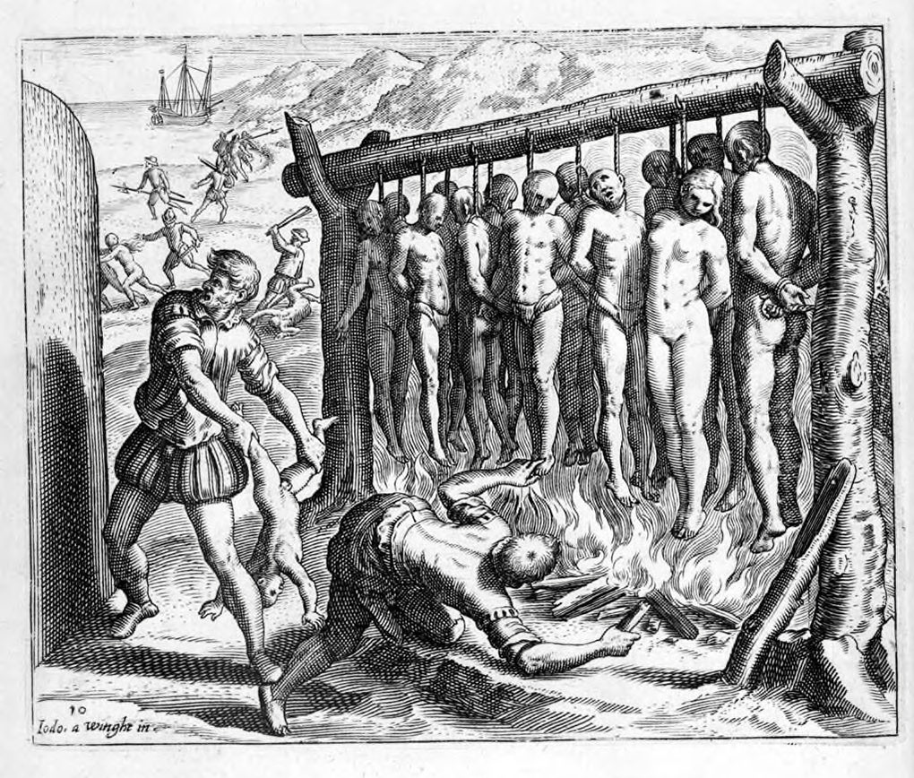 A 16th-century illustration by Theodor de Bry depicting Spanish atrocities against indigenous peoples during the conquest of Hispaniola. 