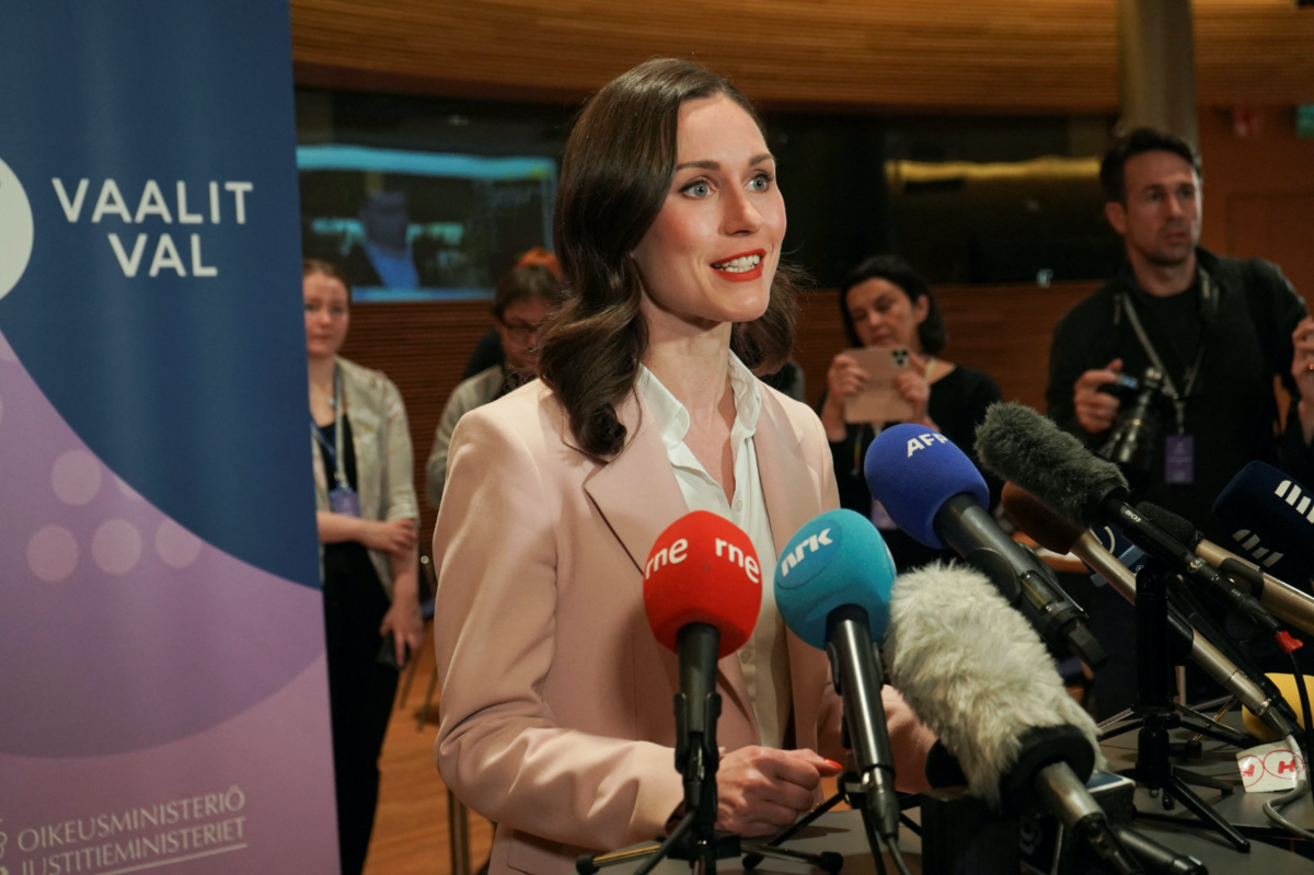 Finland's Prime Minister and Social Democrats leader Sanna Marin speaks during a news conference at the parliament on the day of the parliamentary elections, in Helsinki, Finland, on 2nd April, 2023. 