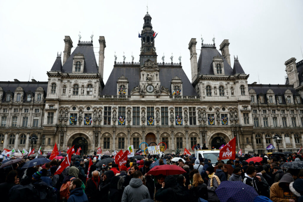 Protesters gather in front of the Paris City Hall after the Constitutional Council approved most of the French government's pension reform, in Paris, France, on 14th April, 2023.
