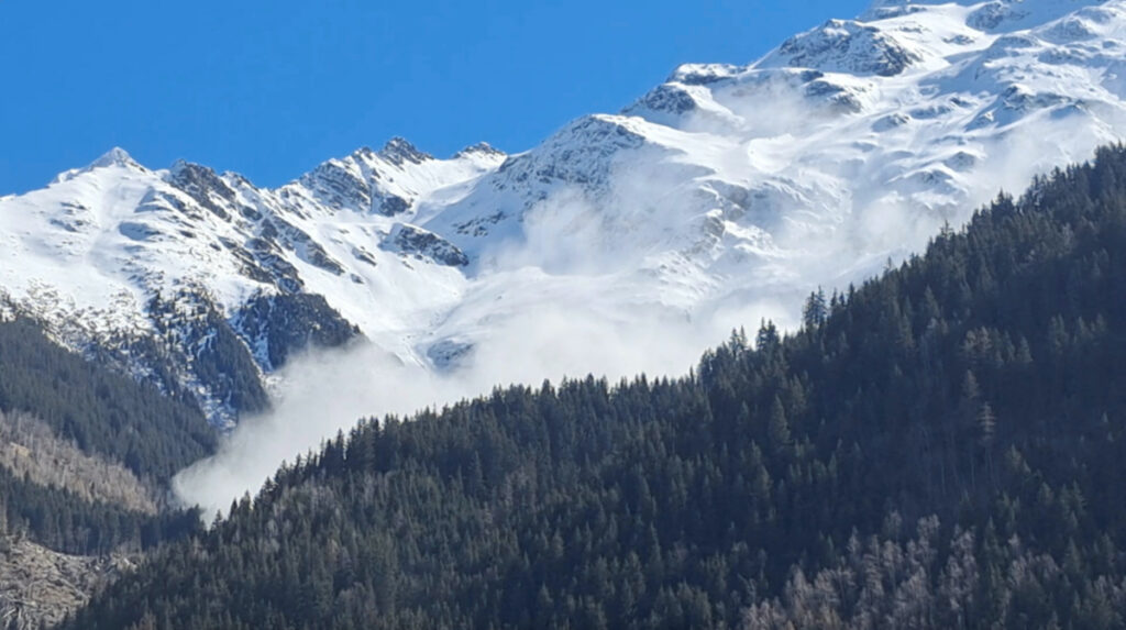 A general view shows an avalanche in the French Alps, in Les Contamines-Montjoie, France, on 9th April, 2023 in this still image obtained from a social media video.