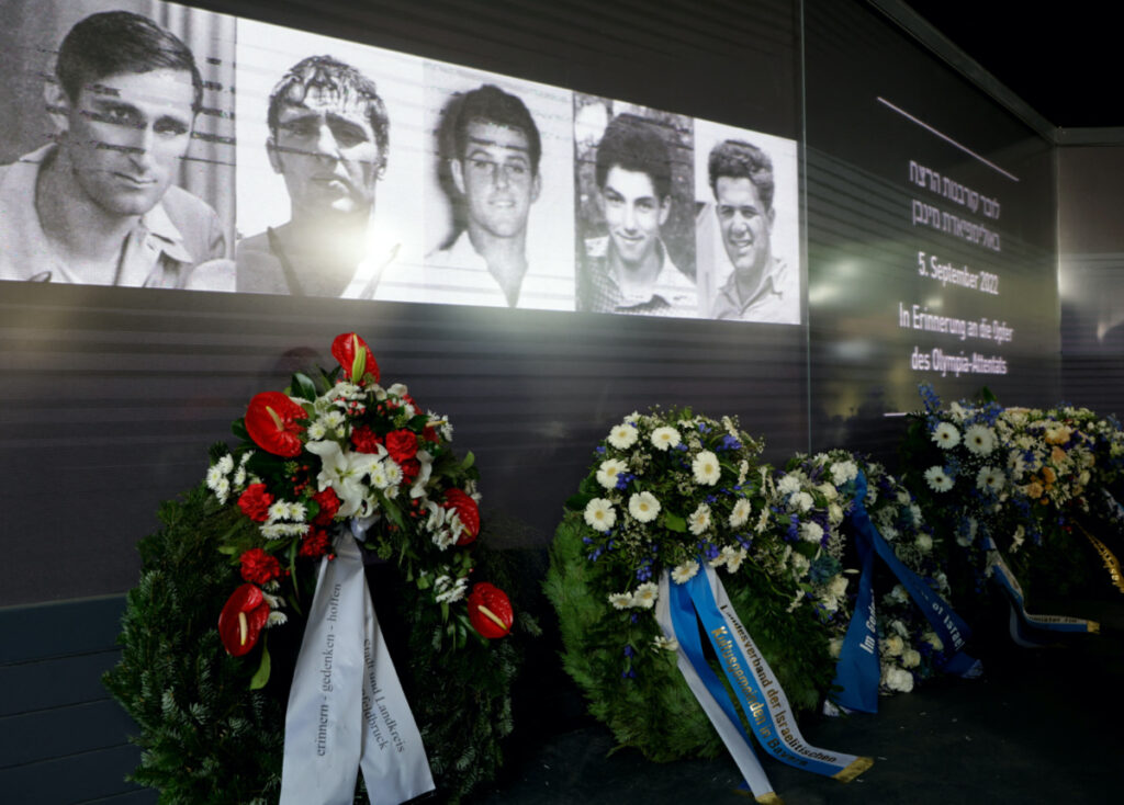 Wreath are placed during a ceremony, commemorating the 50th anniversary of the attack on the Israeli team at the 1972 Munich Olympics in which eleven Israelis, a German policeman and five of the Palestinian gunmen died takes place near the Olympic village in Munich, Germany, on 5th September, 2022.