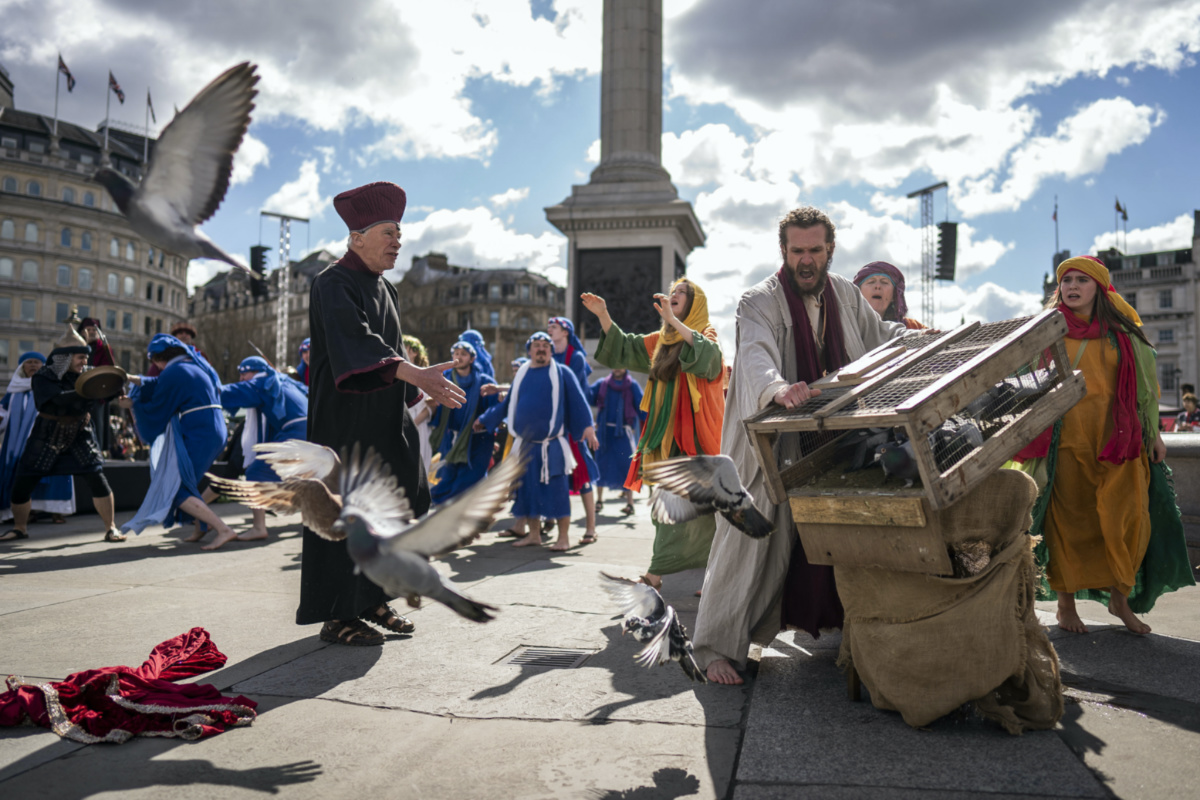 The Passion of Jesus is performed to crowds in Trafalgar Square, London, on Friday, 7th April, 2023 on Good Friday by actors from the Wintershall Players.