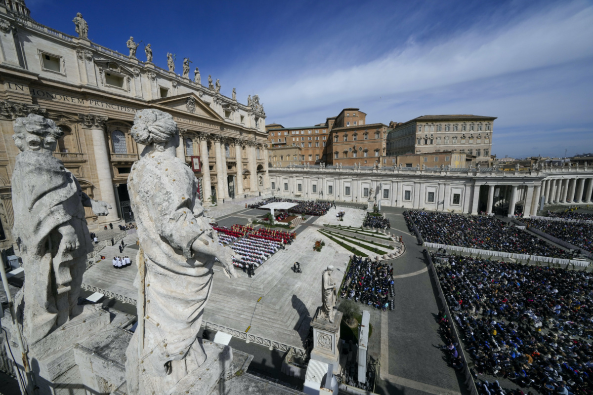 A view of the Palm Sunday's mass celebrated by Pope Francis in St Peter's Square at The Vatican on Sunday, 2nd April, 2023 a day after being discharged from the Agostino Gemelli University Hospital in Rome, where he has been treated for bronchitis.
