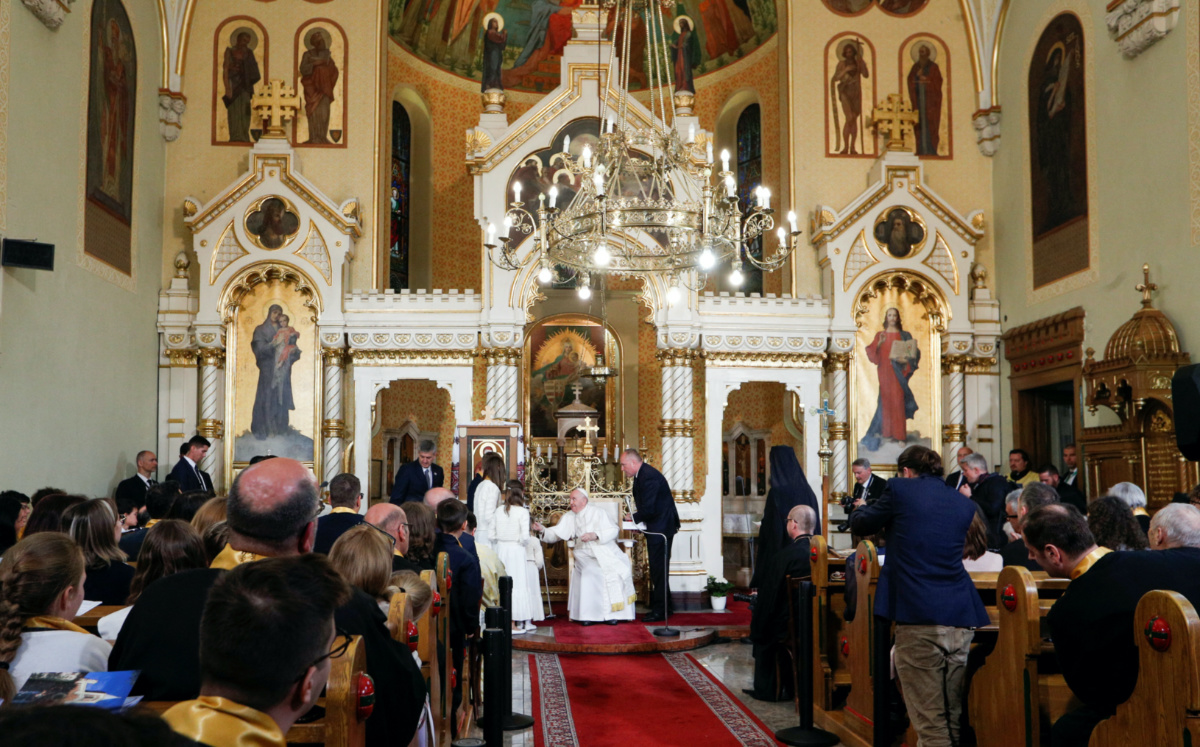 Pope Francis meets faithful at the Greek Catholic Church of the Intercession of the Theotokos, during his apostolic journey in Budapest, Hungary, on 29th April, 2023.