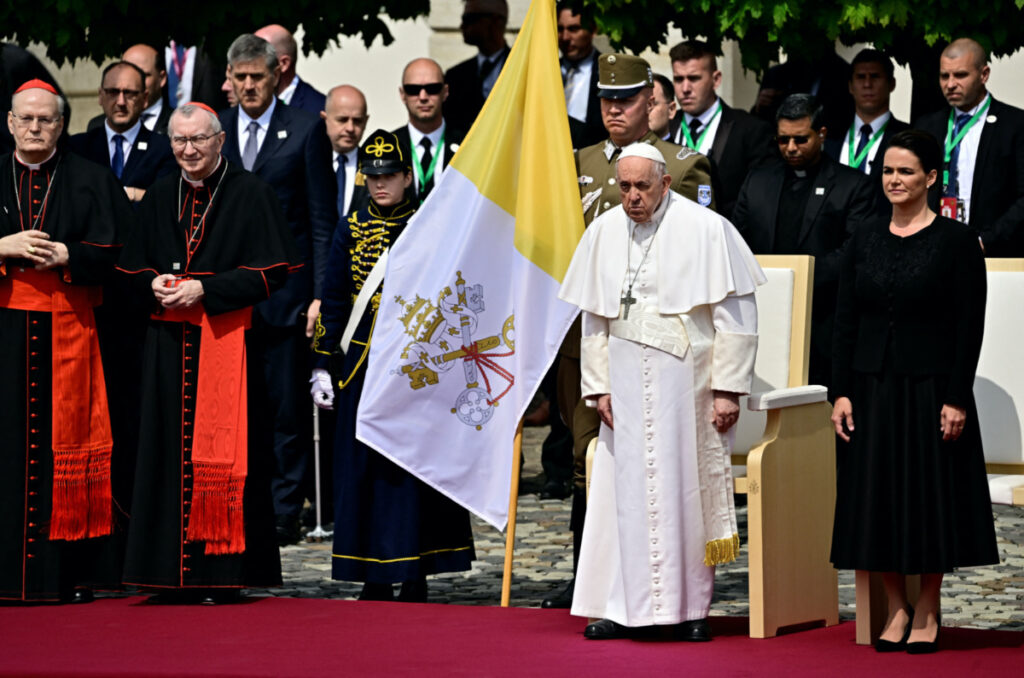 Pope Francis and Hungary's President Katalin Novak attend a welcome ceremony, during Pope's apostolic visit to Hungary, at the Sandor Palace in Budapest, Hungary, on 28th April, 2023.