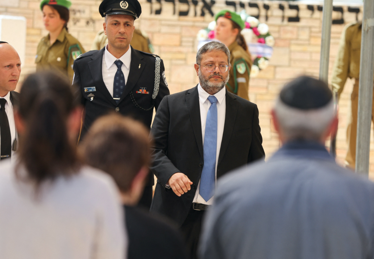 Israeli Security Minister Itamar Ben-Gvir attends a memorial ceremony marking Israel's Memorial Day in Beersheba, Israel, April 25, 2023