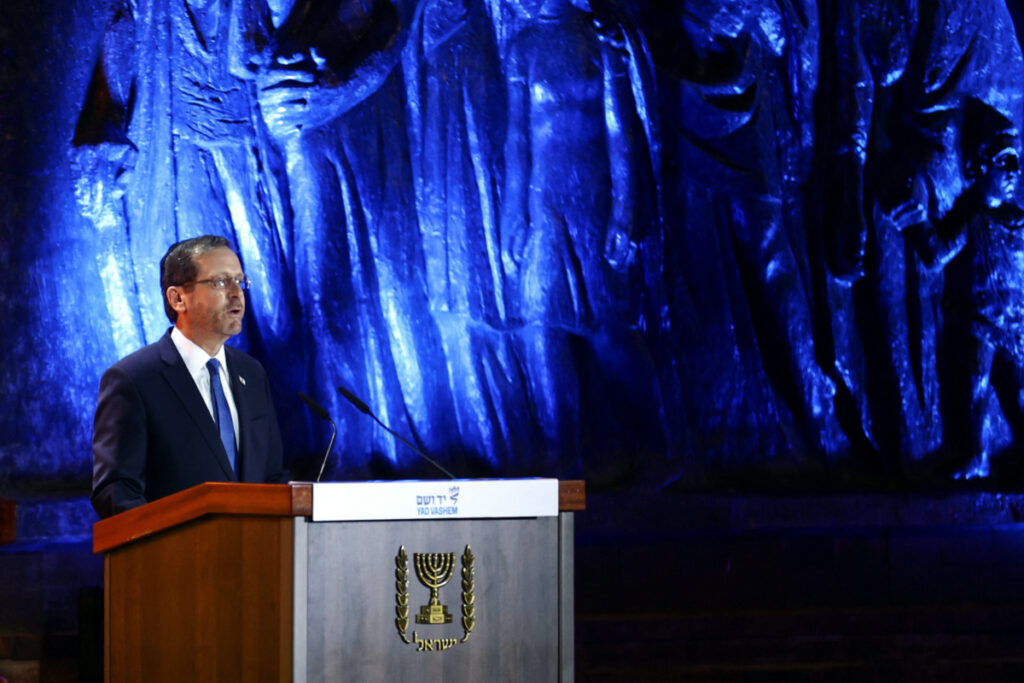 Israeli President Isaac Herzog speaks at the Holocaust Martyrs' and Heroes Remembrance Day opening ceremony in memory of the six million Jewish men, women and children murdered by the Nazis and their collaborators, at Yad Vashem Holocaust Museum in Jerusalem, on 17th April, 2023.