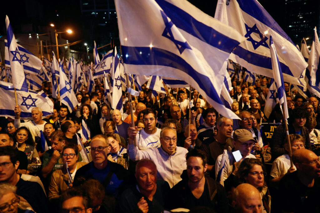 People demonstrate against Israeli Prime Minister Benjamin Netanyahu and his nationalist coalition government's judicial overhaul, in Tel Aviv, Israel, on 22nd April, 2023.