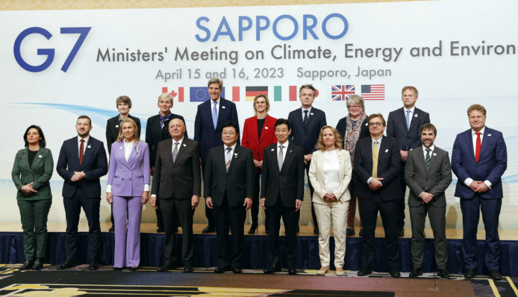 Japan's Minister of Economy, Trade and Industry Yasutoshi Nishimura, Environment Minister Akihiro Nishimura and other delegates attend the photo session of G7 Ministers' Meeting on Climate, Energy and Environment in Sapporo, Japan, on 15th April, 2023