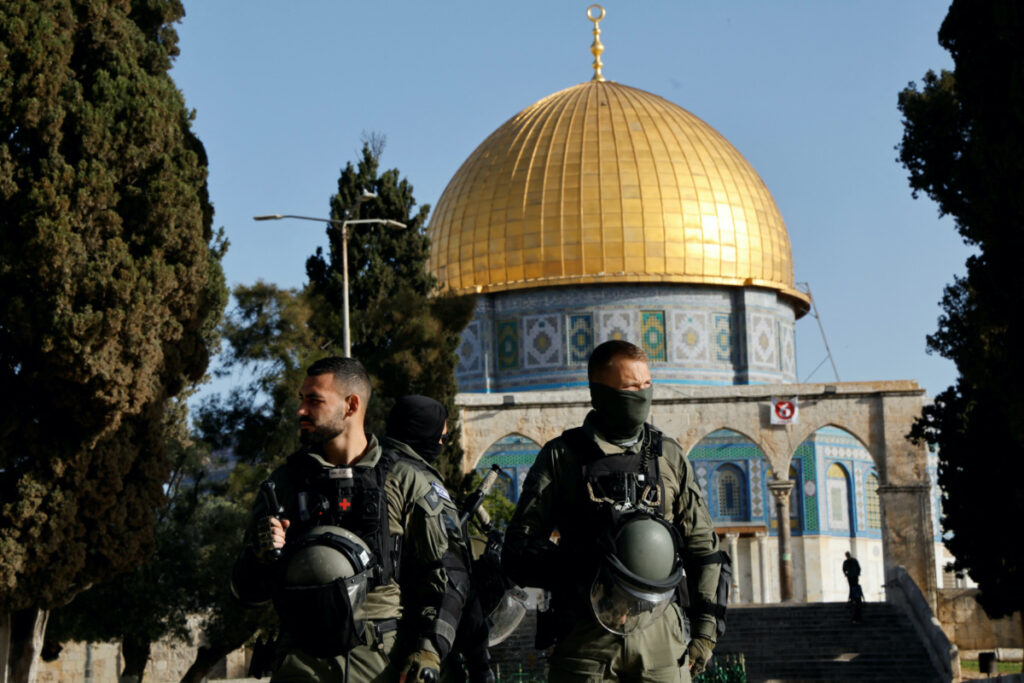 Israeli security forces work at the Al-Aqsa compound, also known to Jews as the Temple Mount, while tension arises during clashes with Palestinians in Jerusalem's Old City, on 5th April, 2023.