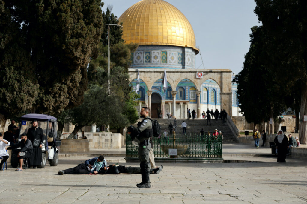 A member of the Israeli security forces stands guard at the compound that houses Al-Aqsa Mosque, known to Muslims as Noble Sanctuary and to Jews as Temple Mount, while tension arises during clashes in Jerusalem's Old City, on 9th April, 2023.