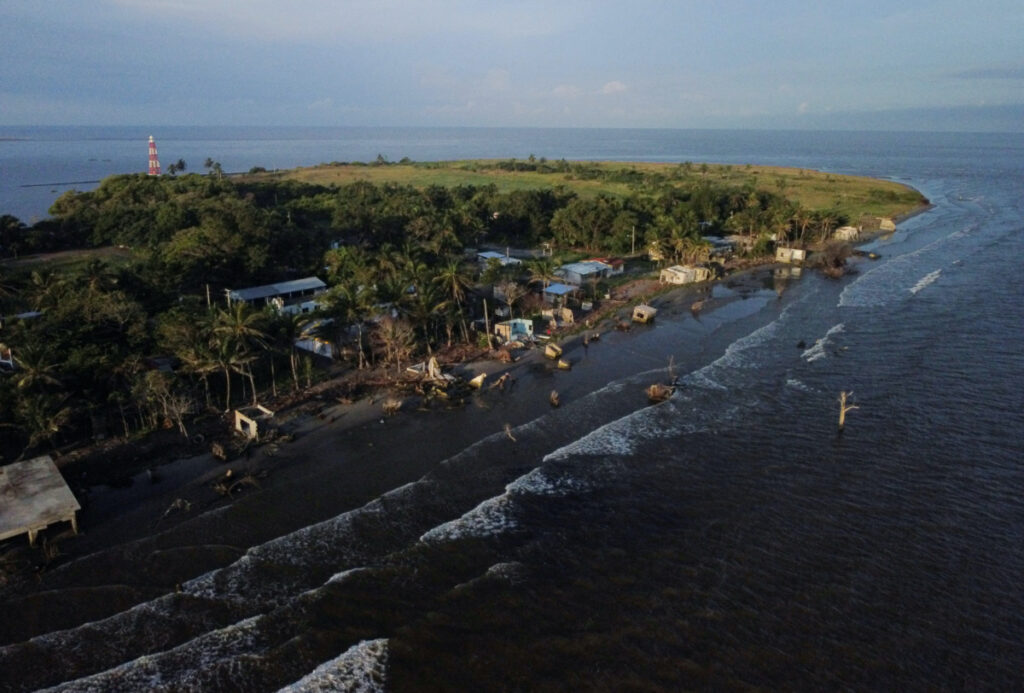 The remains of houses are pictured as rising sea levels destroy homes built along the shoreline, forcing villagers to relocate, in El Bosque, Mexico, on 7th November, 2022.