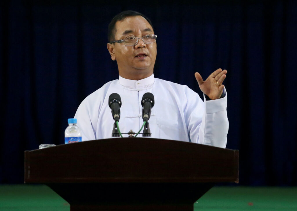 Myanmar's military junta spokesman Zaw Min Tun speaks during the information ministry's press conference in Naypyitaw, Myanmar, on 23rd March, 2021.