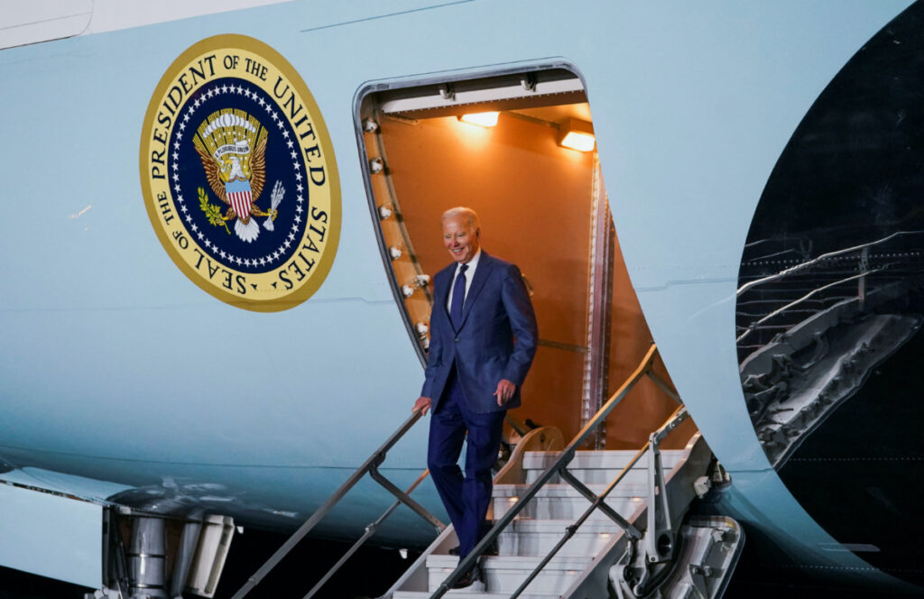 US President Joe Biden disembarks Air Force One upon his arrival at RAF Aldergrove airbase in County Antrim, Northern Ireland, on 11th April, 2023