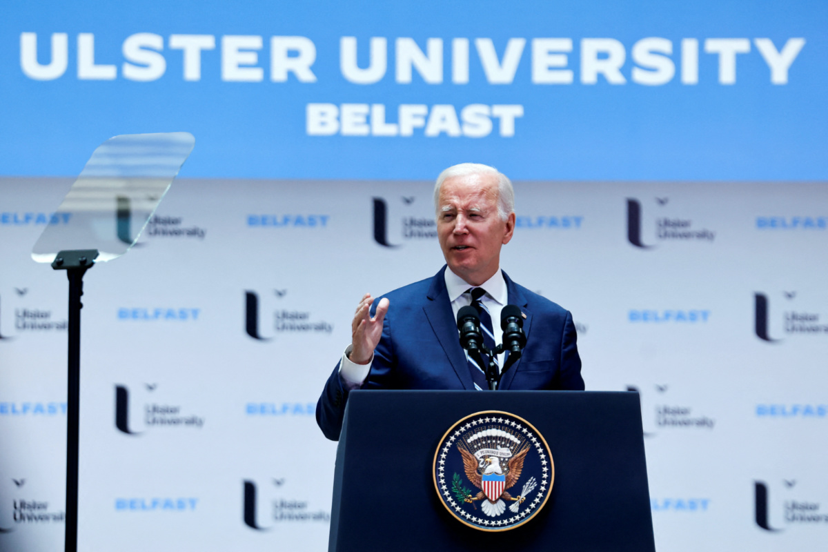 US President Joe Biden delivers remarks marking the 25th anniversary of the Belfast/Good Friday Agreement and underscoring the readiness of the United States to support Northern Ireland's vast economic potential to the benefit of all communities, at Ulster University, Belfast, Northern Ireland, on 12th April, 2023. 