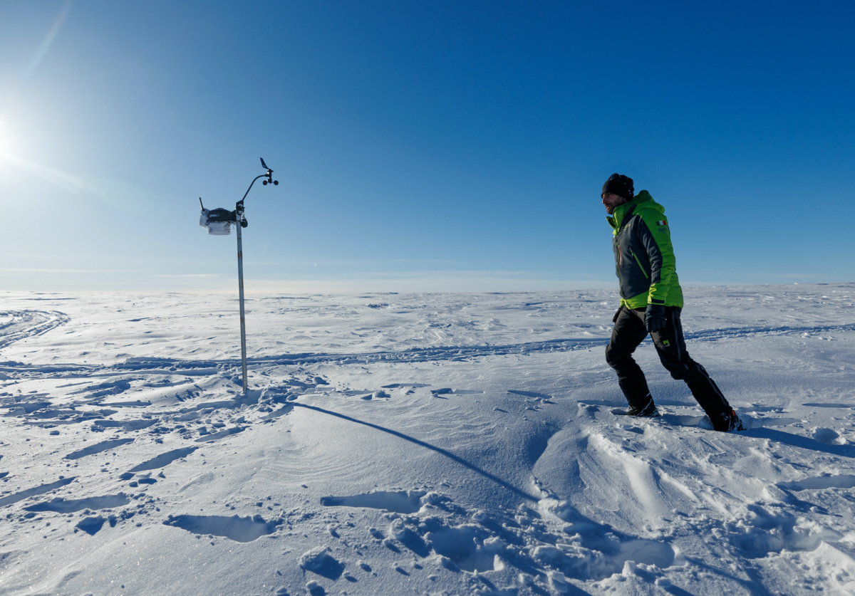 CNR geochemist and expedition leader Andrea Spolaor, 39, walks along the Ice Memory drilling camp, near Ny-Aalesund, Svalbard, Norway, on 10th April, 2023. 