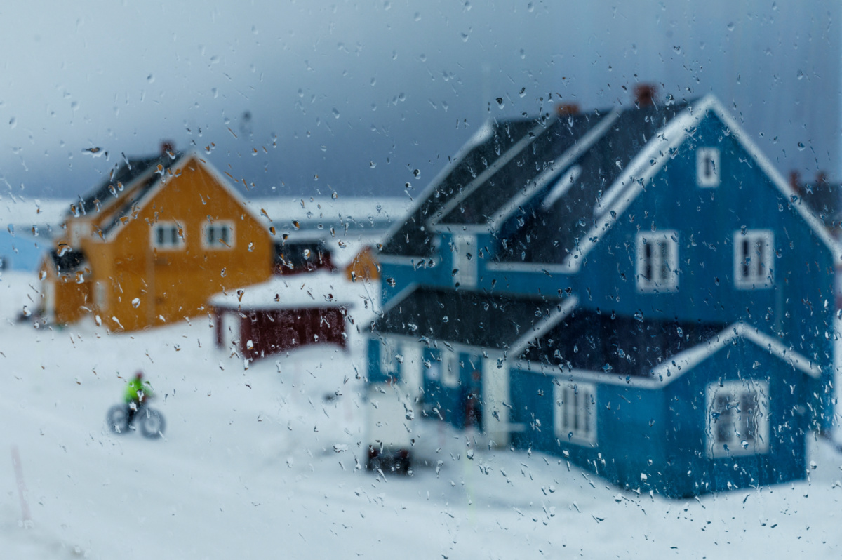 Raindrops are seen on a window as a weather front carrying warmer air and rain approaches Ny-Aalesund, Svalbard, Norway, on 6th April, 2023.