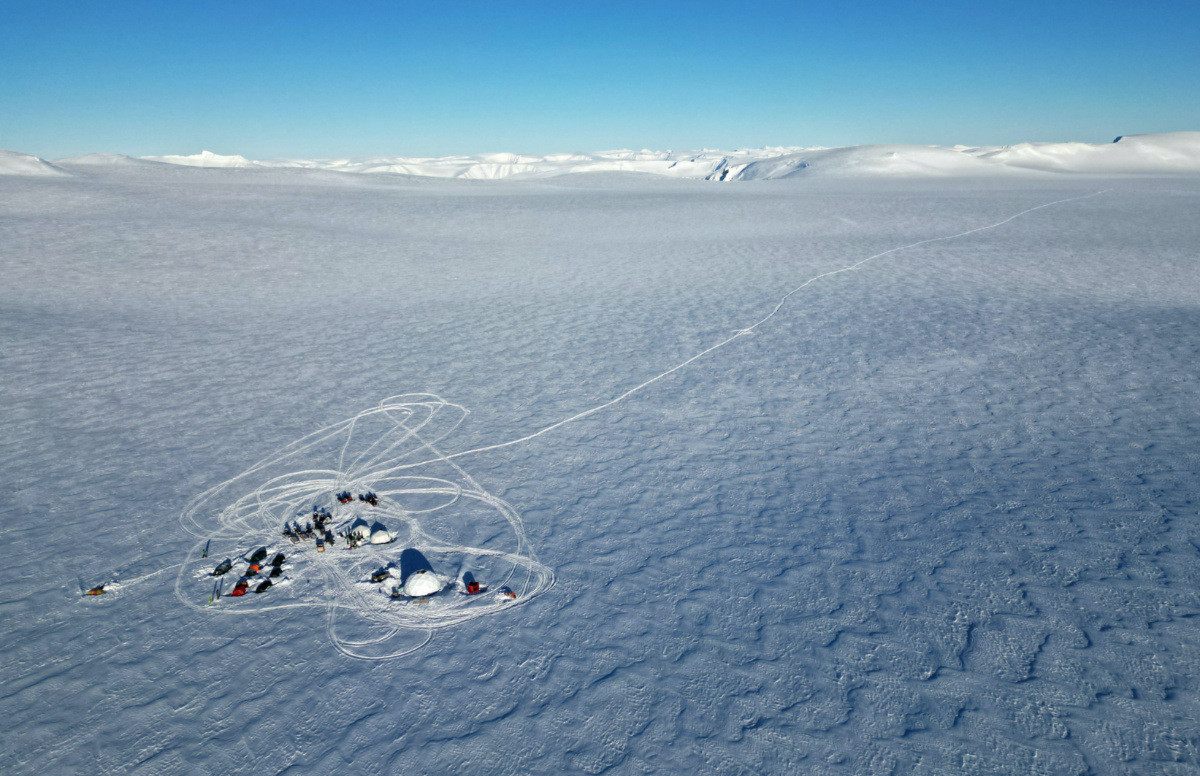The Ice Memory drilling camp, where scientists found a pool of water 25 metres deep, is seen at 1,100 metres above sea level in the Holtedahlfonna icefield, near Ny-Aalesund, Svalbard, Norway, on 10th April, 2023. 