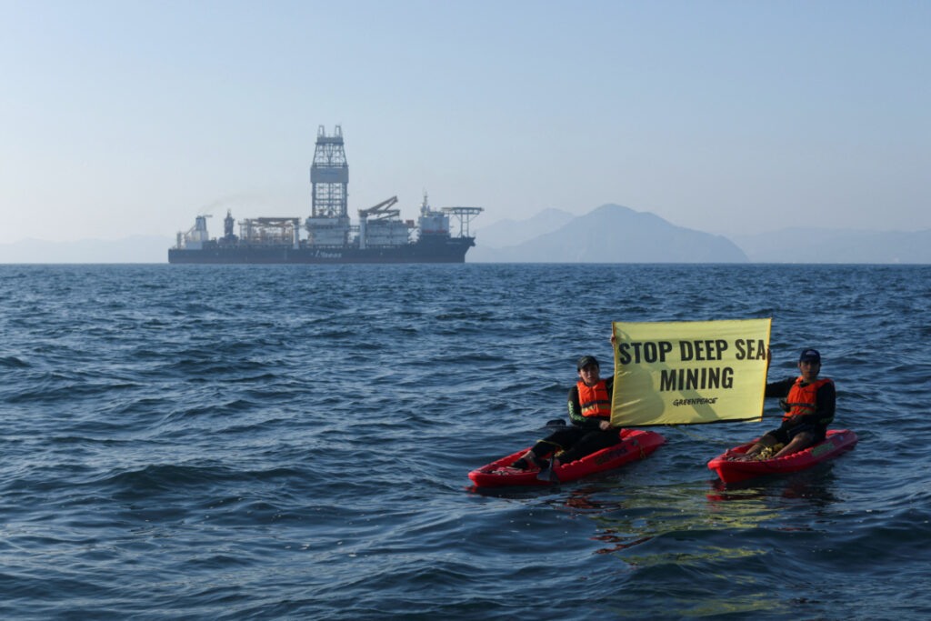 Greenpeace activists from New Zealand and Mexico confront the deep sea mining vessel Hidden Gem, commissioned by Canadian miner The Metals Company, as it returned to port from eight weeks of test mining in the Clarion-Clipperton Zone between Mexico and Hawaii, off the coast of Manzanillo, Mexico, on 16th November, 2022