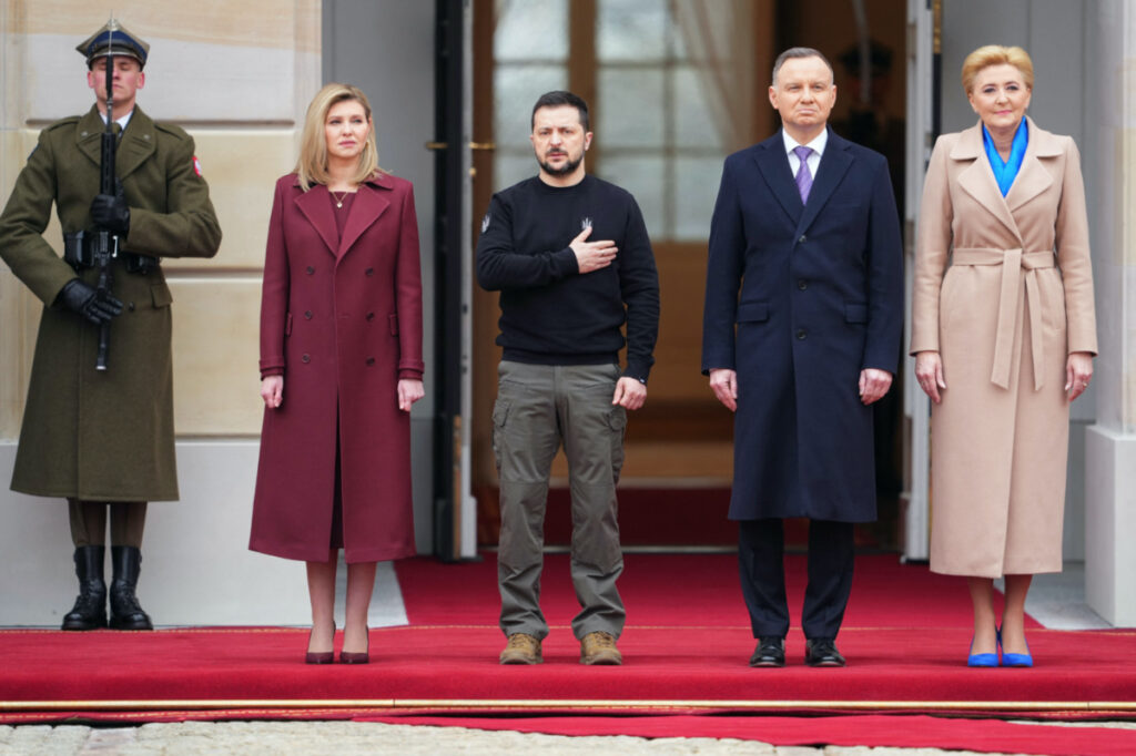 Poland's President Andrzej Duda and Polish first lady Agata Kornhauser-Duda alongside Ukrainian President Volodymyr Zelenskiy and Ukraine's first lady Olena Zelenska pose for a picture at the Presidential Palace in Warsaw, Poland, on 5th April, 2023.